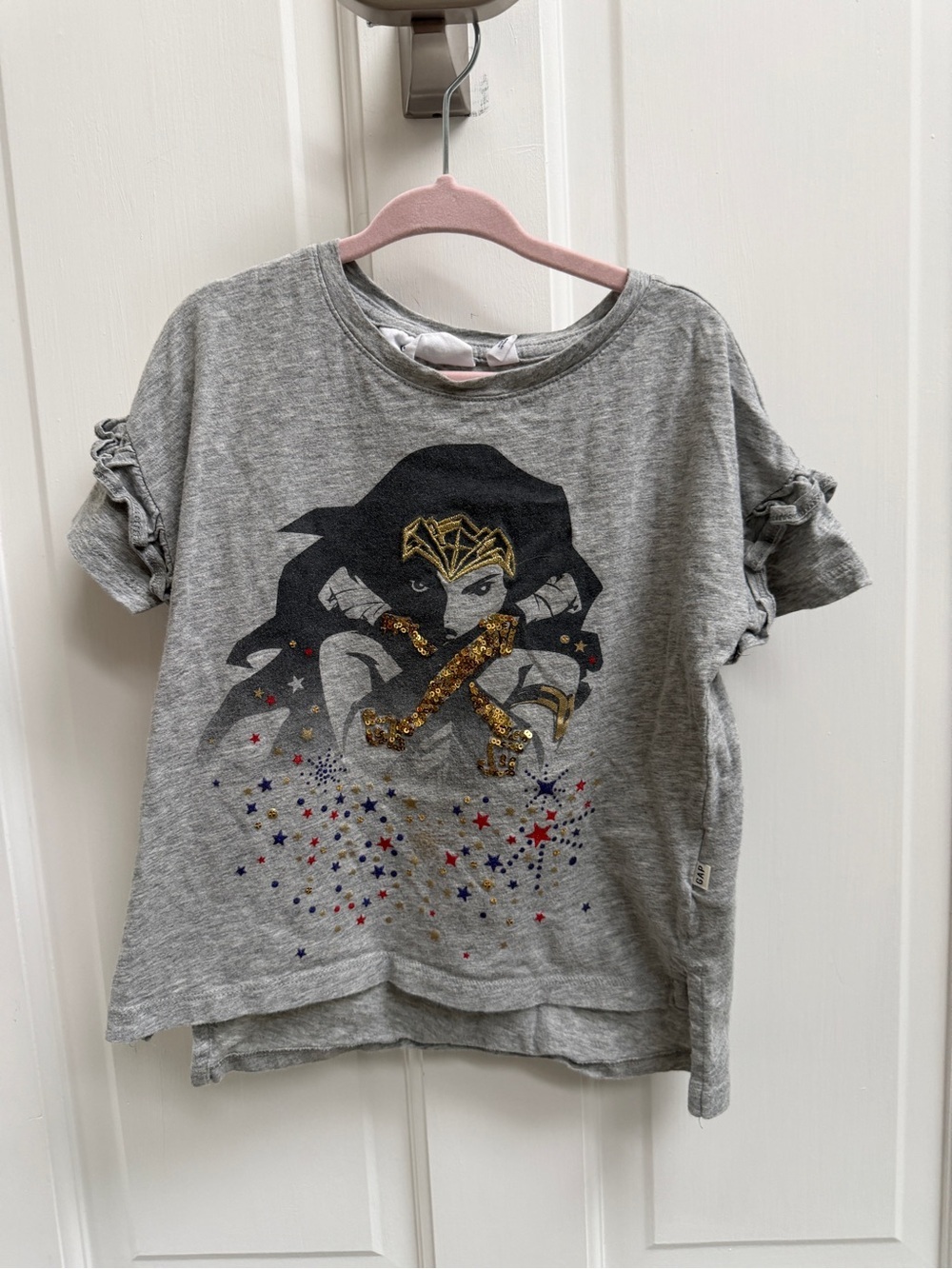 Gap DC Girls' XS 4 Gray Wonder Woman Hero Sequin Short Sleeve Tee Shirt Top